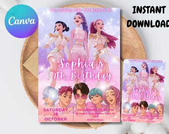 Kpop Demon Hunters Birthday Invitation | Editable Canva Template | Kpop Anime Invite | Digital Download | Printable Birthday Card for Kids