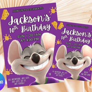 May include: Purple birthday invitations featuring a smiling cartoon mouse with the text "Jackson's 10th Birthday." The invitations include the date, time, and location details. Cheese and splat graphics decorate the background.