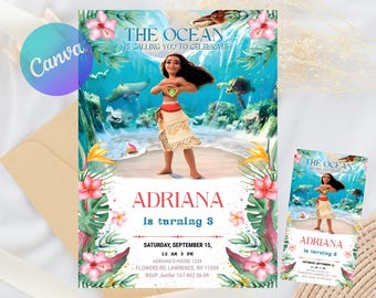 Editierbare Baby Moana Geburtstagseinladung | Druckbare Baby Vaiana Geburtstag einladen | Kinder Party Vorlage | Einladen in Canva | Sofort Download