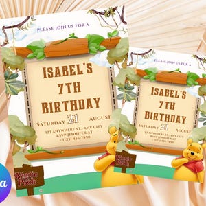 May include: Two birthday invitations featuring Winnie the Pooh. The invitations read "Isabel's 7th Birthday" with the date and RSVP information. The design includes wooden frames, green foliage, and a light beige background.
