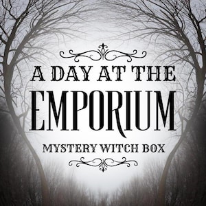 Op de afbeelding: Een zwart-witbeeld van kale bomen die een tekstoverlay omlijsten met de tekst "A Day at the Emporium Mystery Witch Box".