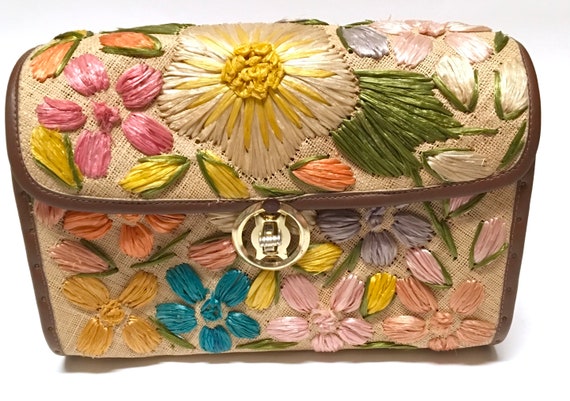 Cabana Purse Raffia Woven Straw Floral Wooden Box