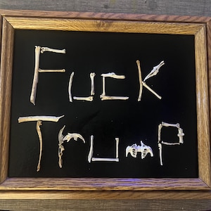 May include: A framed black chalkboard with the words "FUCK TRUMP" spelled out using small, light-colored bones. The frame is made of wood with a natural finish.