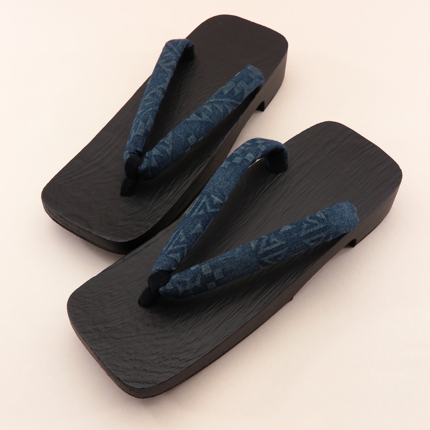 Japanese Wooden Geta Geometry Navy Tones Kimono Clothing Shoes