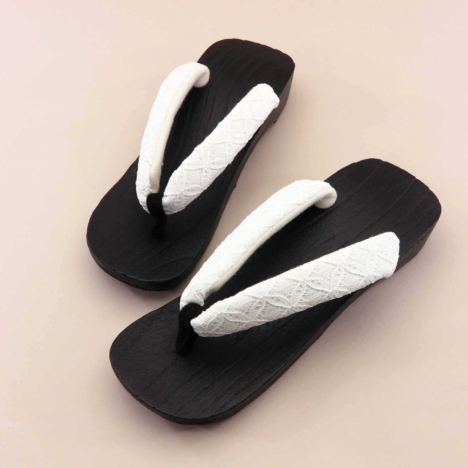 Japanese Wooden Geta Lace White Tones Kimono Clothing Shoes