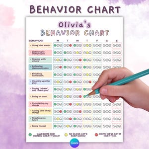 May include: A printable behaviour chart for children with a colourful design and a title that says "Olivia's Behaviour Chart". The chart includes a list of behaviours, such as using kind words, listening to instructions, and sharing with others. There are columns for each day of the week, and each day has a row of smiley faces that can be coloured in to track the child's behaviour.