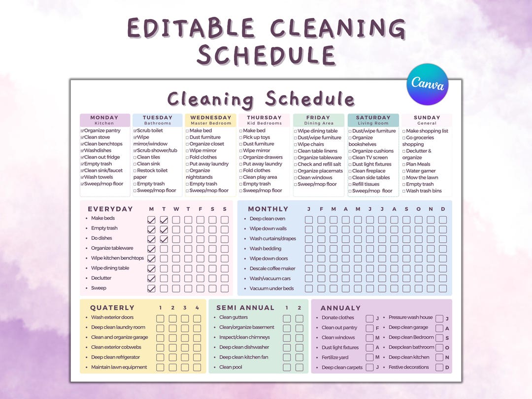 Editable Cleaning Schedule Planner: Household Chore Chart (printable ...