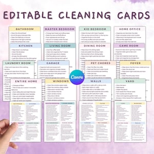May include: A set of printable cleaning checklists for different rooms and areas of the house. The checklists are organized into categories such as bathroom, kitchen, master bedroom, kid bedroom, home office, dining room, game room, laundry room, garage, pet chores, foyer, yard, entire home, windows, and walls. Each checklist includes a list of cleaning tasks to be completed.