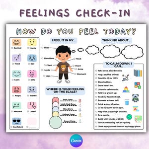 Feelings Check-In Printable for Kids, Emotions Identification Via Emojis, Self Regulation, Social Emotional Learning, Feelings check-in