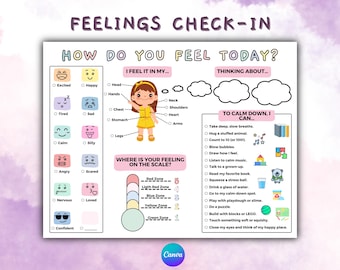 Feelings Check-In Worksheet for Kids: Emotional Regulation, Coping Skills (Digital Download)