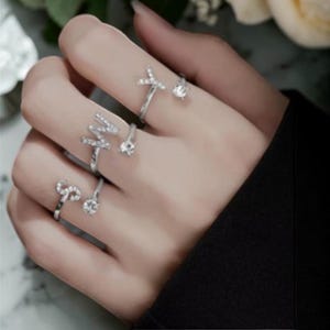 Adjustable Initial Ring for Women with Zircon, Metal Alphabet Name Ring, Personalized Wedding Gift, Anillos Mujer, Custom Initial Jewelry