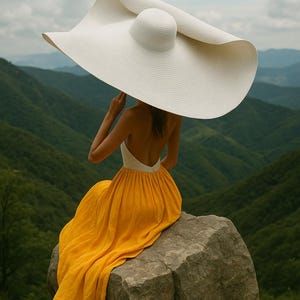 May include: A person wearing a large white sun hat and a yellow skirt sits on a rock, with a mountain range in the background. The hat is the focal point, with a wide brim and a rounded crown. The skirt is a vibrant yellow, contrasting with the white top.