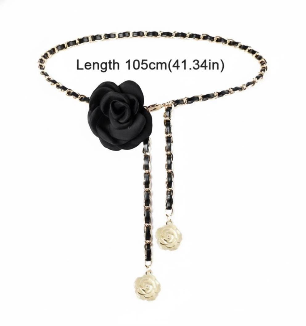 Camellia Waist ⛓️‍? Chain Women\'S Flower Metal Chain Belt Black Floral Accents Camellia Flower Belt Metal Waist Belt Chain for Dress  main image 2