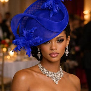 Fascia Cappello Da Sposa Blu Royal Con Fiocco - Kentucky Derby Royal Ascot - Fatto A Mano UK