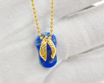 14K Gold Gemstone Flip Flop Pendant, Minimalist Summer Necklace