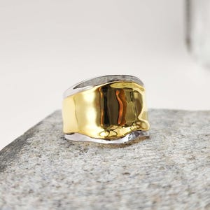 14K Gold Bold Large Thick Ring Two Tone Ring Statement Ring Unisex Adjustable Ring Minimalist Statement Ring Unique Ring Chunky Ring