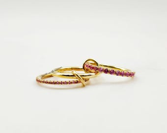 Ensemble de bagues multi-anneaux CZ rubis 14 kgf, anneau connecteur en argent sterling