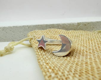Sterling Silver Moon and Star Ring, Dainty Celestial Jewelry