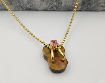 14K Gold Hawaiian Slipper Charm Pendant, Gemstone Sandals Necklace