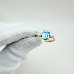 14K Gold Emerald Cut Aquamarine Ring: Antique March Birthstone
