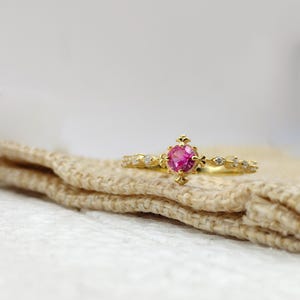 14K Gold Ruby Diamond Engagement Ring - Handmade Gemstone Stacking Ring