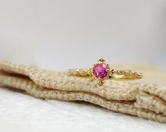 14K Gold Ruby Diamond Engagement Ring - Handmade Gemstone Stacking Ring