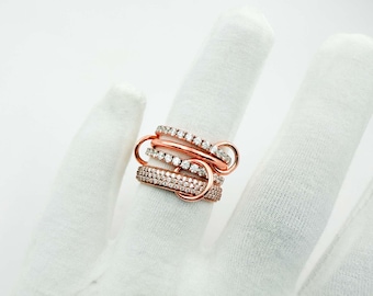 14K Gold Two Tone Diamond Connector Ring, Sterling Silver Interlocking Eternity Band