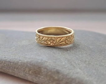 14K gouden bloemen gegraveerde bandring vintage design bloemenpatroonring trouwring trouwring natuur geïnspireerde brede ring dikke band verlovingsring