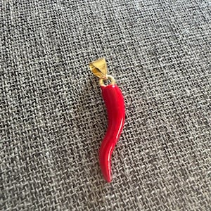 Puede incluir: Un colgante de pimiento rojo con una fianza dorada. El colgante es de color rojo vibrante y tiene un acabado brillante. La fianza es de diseño de bucle simple. El colgante es probablemente de metal o material similar.