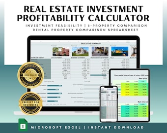 Real Estate Investment Profitability Calculator in Excel | Analyze Up to 5 Deals | Digital download