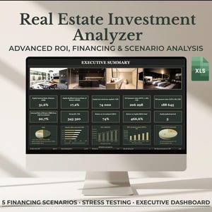 May include: A computer monitor displays a real estate investment analyzer dashboard. The screen shows financial data, charts, and graphs, with the text "Real Estate Investment Analyzer" at the top. The image also includes an XLS file icon.