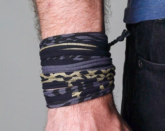 Dark Tone Unisex Wrap Bracelet with Antiqued Brass Details - Hand Printed and Unique Gift Idea - Personalized Mens Bracelet