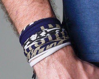 Unisex Bohemian Wrap Bracelet, Hand-Printed Cotton Jersey, Antiqued Brass Finishing - Personalized Mens Bracelet