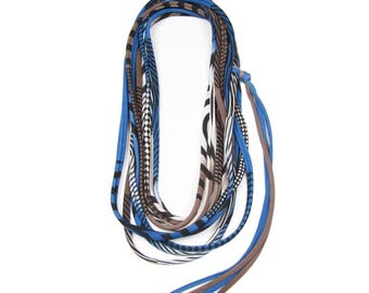 Hand-Printed Skinny Scarf Necklace: Blue Brown Cotton Jersey