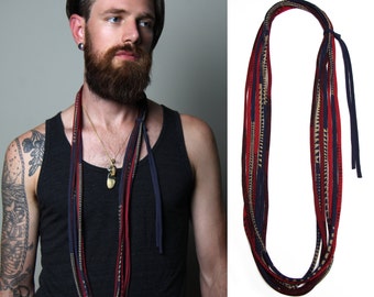 Personalized Mens Necklace / Handmade Red Blue Gold Scarf / Burning Men Style / Personalized Gift / Festival Fashion Accessory / Necklush