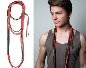 Personalized Mens Necklace / Handmade Red Brown Scarf / Burning Men Style / Personalized Gift / Festival Fashion Accessory / Necklush