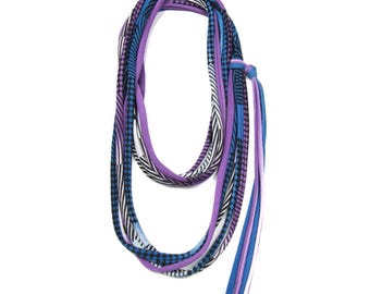Blue Purple Skinny Scarf Necklace: Hand-Printed Cotton Jersey