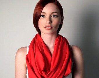 Red Scarf / Chunky Red Circle Scarf / Women Gift for Her / Mom Gift for Wife / Spring Scarf Red / Soft Jersey Cotton / Necklush