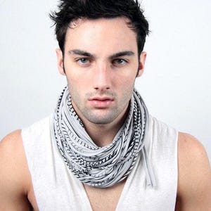 Grey Striped Cowl Scarf: Hand-Printed Cotton Jersey Infinity Scarf