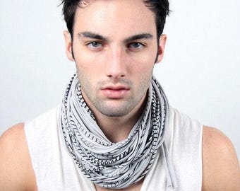Grey Striped Cowl Scarf: Hand-Printed Cotton Jersey Infinity Scarf