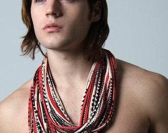 Handmade Tribal Scarf Necklace: Red & Black Cotton Jersey Necklush