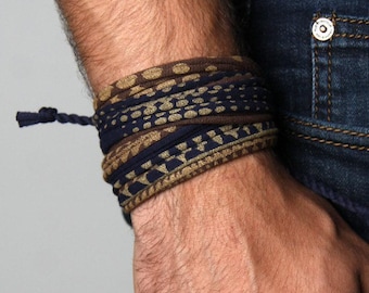 Tribal Cotton Wrap Bracelet: Burning Men Festival Jewelry, Personalized Initial Bead