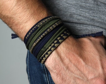 Tribal Jewelry Cuff Bracelet for Men and Women - Hand Printed Cotton Jersey - Antique Brass Finish - Colorful