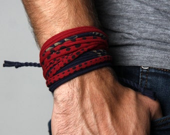 Wrap Bracelet with Unique Hand-Printed Design in Red Blue Gold - Mens Bracelets - Burning Men Festival Jewelry Boyfriend Gift - Necklush