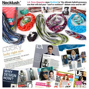 Necklush press clippings and product samples.