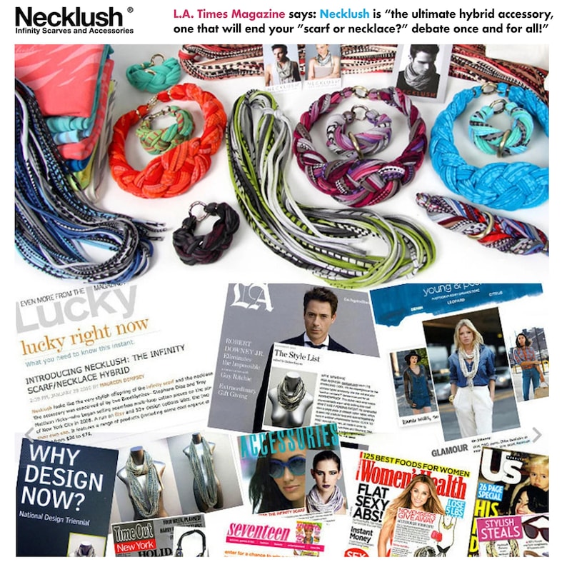 Necklush press clippings and product samples.