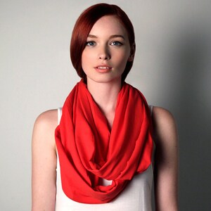 Red Circle Scarf – Soft Cotton Jersey, Preppy Oversized Infinity Scarf, Holiday Gift Idea, Chunky Infinity Scarves Unisex Necklush