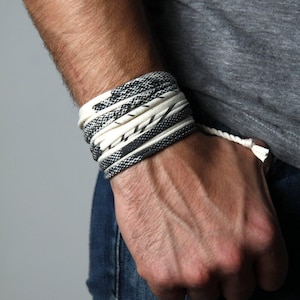 White Cotton Wrap Bracelet: Hand-Printed Boho Wristband with Brass