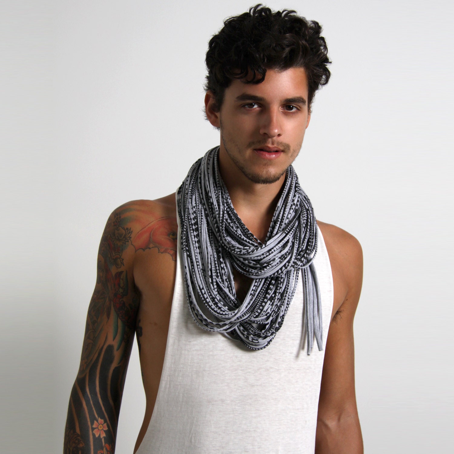 Grey scarf for man festival clothing mens burning men costume men/'s necklace rave outfit boho fashion steampunk jewerly festival gear