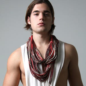 Burning Men Scarf Necklace: Red Brown Tribal Cotton Jersey, Festival Style